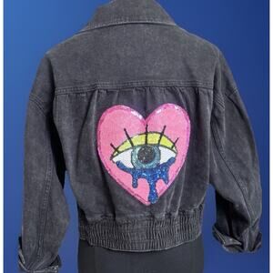 Custom Black Cropped Denim Jacket | Sequin Evil Eye | Boho | Soft Witch |